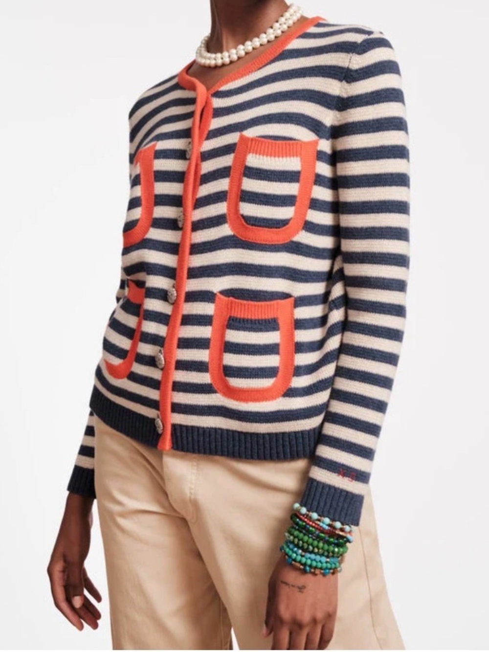 Frances Valentine Pierre Striped Cardigan Sweater Navy Orange Button 2X